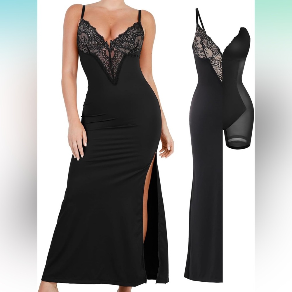 Popilush Black Lace Plunge Bodycon Maxi Dress with Built-In Shapewear – Size M